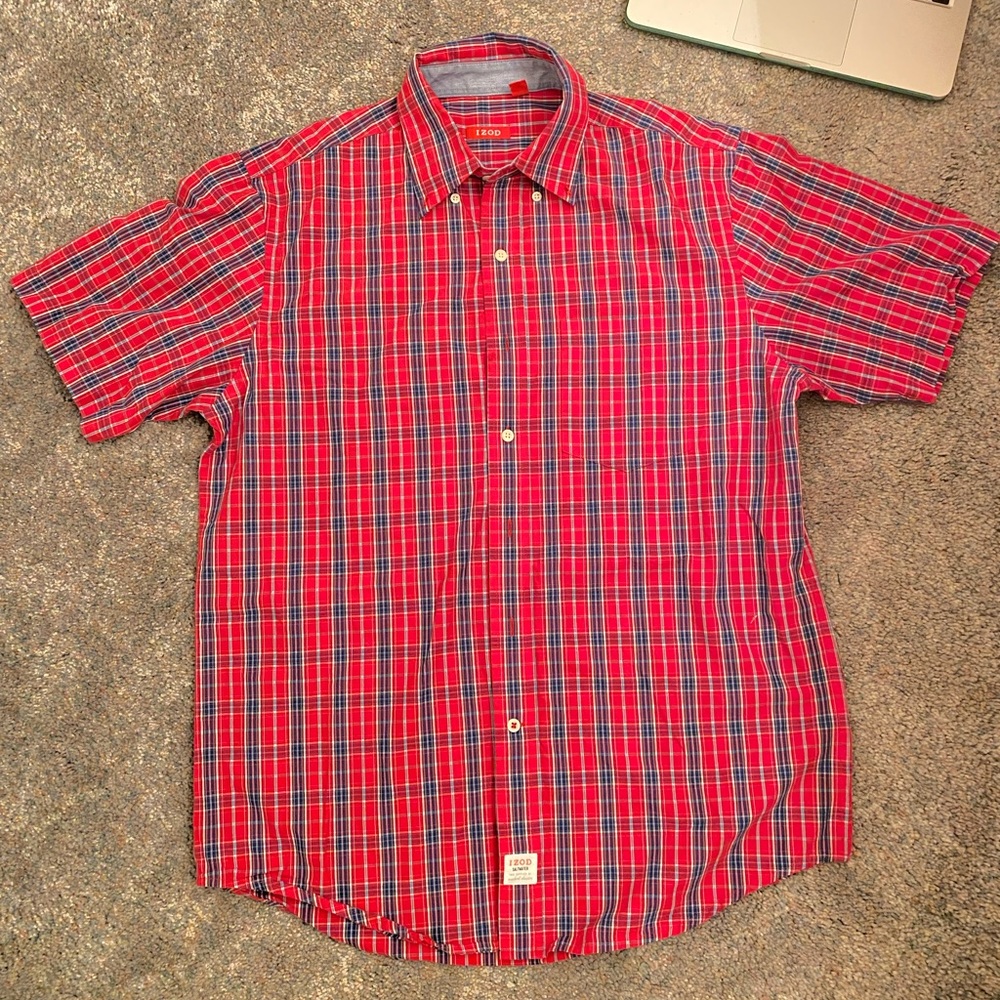 IZOD short sleeves Men saltwater washed classics red and blue plaid shirt M